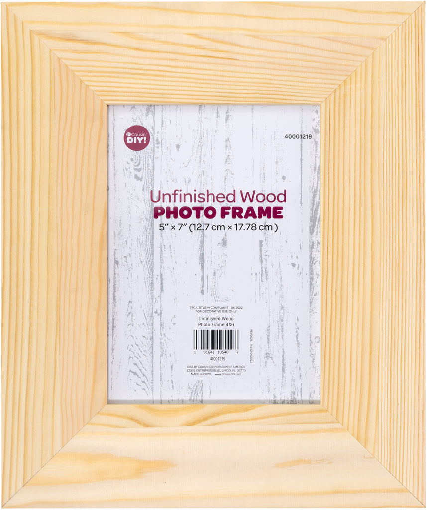 Unfinished wood photo frame with a label on a white background