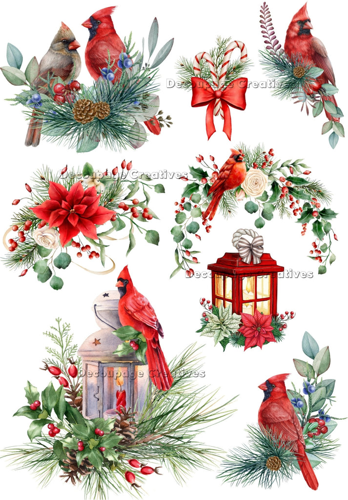 christmas elements with red cardinals, lanterns, holly and pine sprigs decoupage rice papers from decoupage creatives
