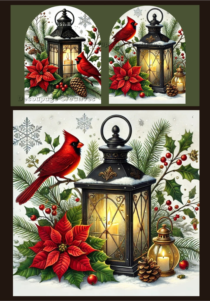 beautiful red cardinal next to a small lantern surrounded by holly and red berries in the snow decoupage rice papers from decoupage creatives