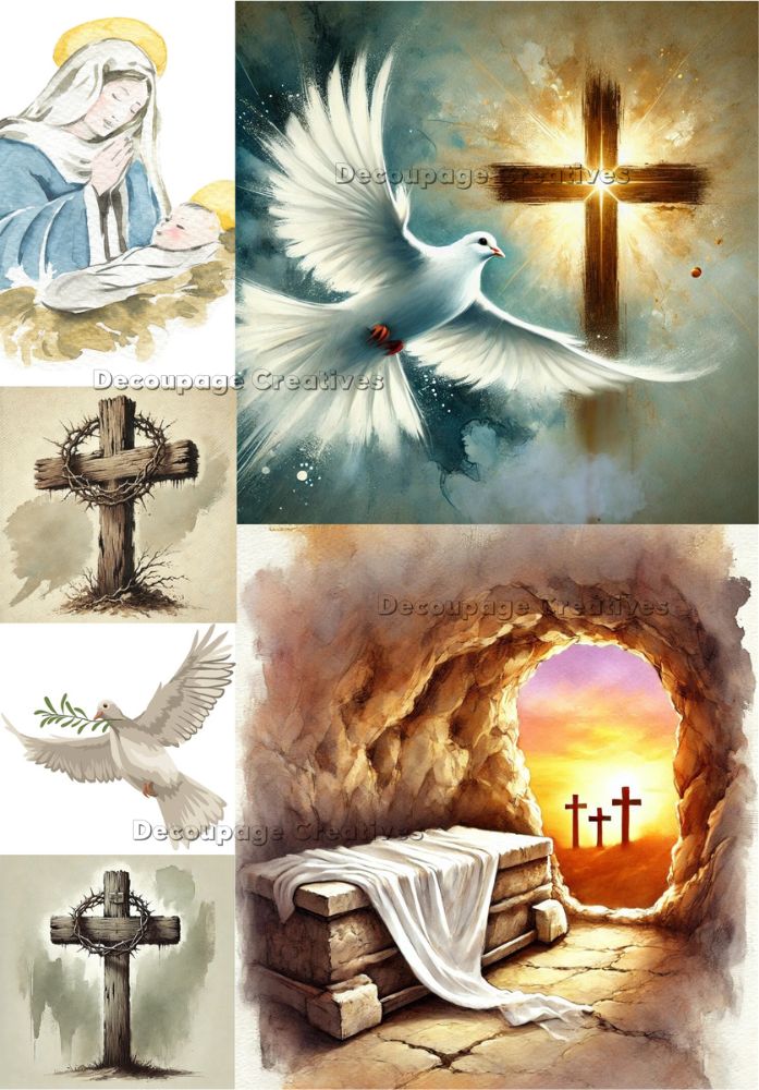 6 images with white doves crosses Mary and baby Jesus and an empty tomb decoupage rice papers from decoupage creatives