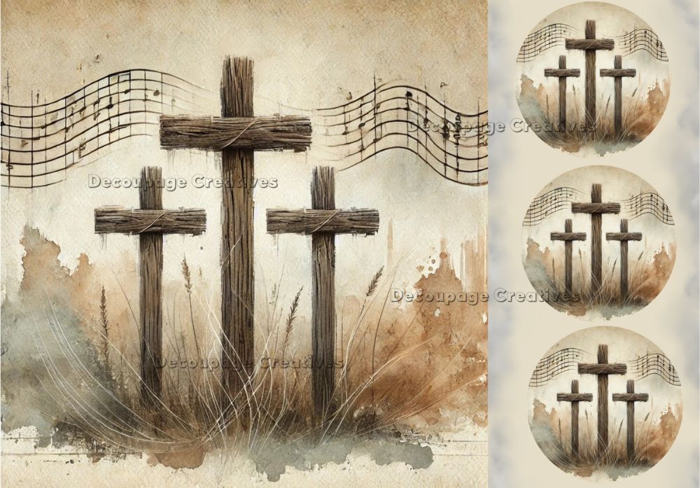 4 images of a trio of crosses with music notes on sepia background decoupage rice papers from decoupage creatives