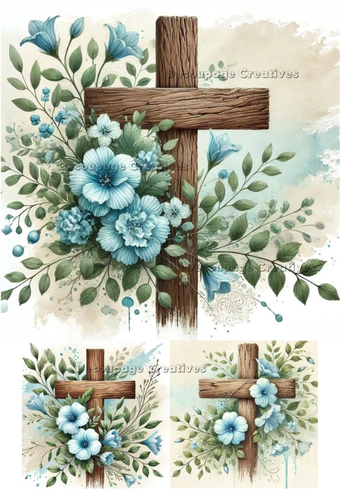 3 images of wooden cross with blue flowers and greenery decoupage rice papers from decoupage creatives