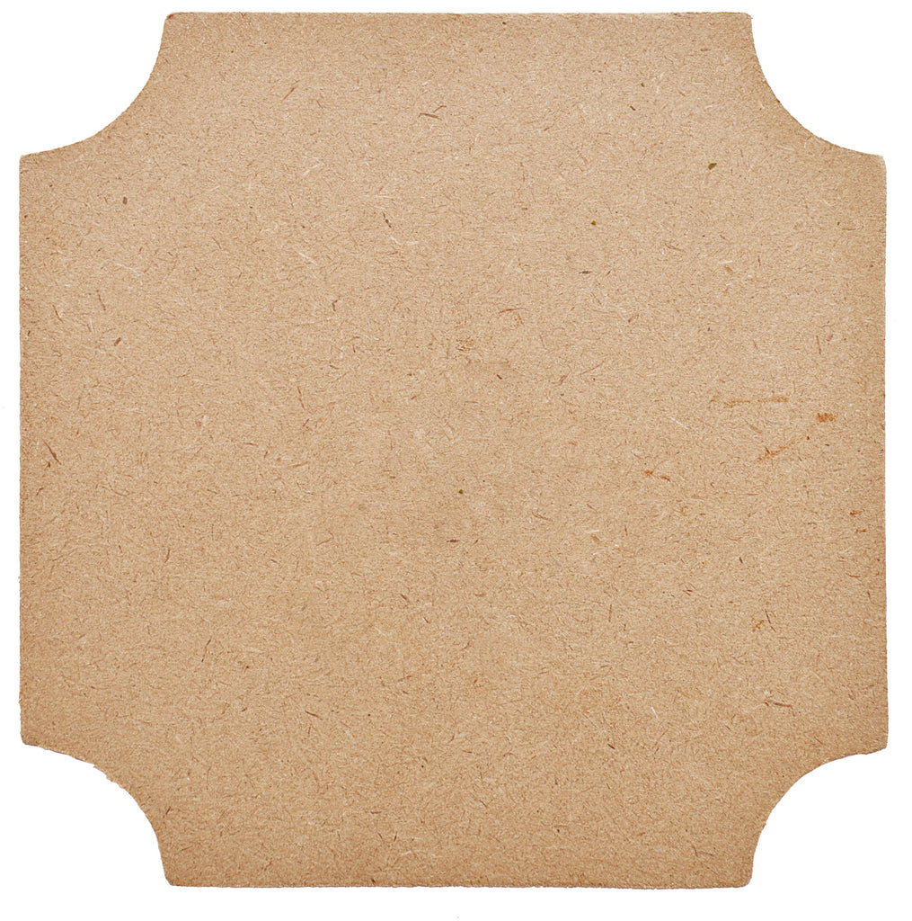 MDF Coaster 4 inch, unpainted in the shape of a square with four notched corners.