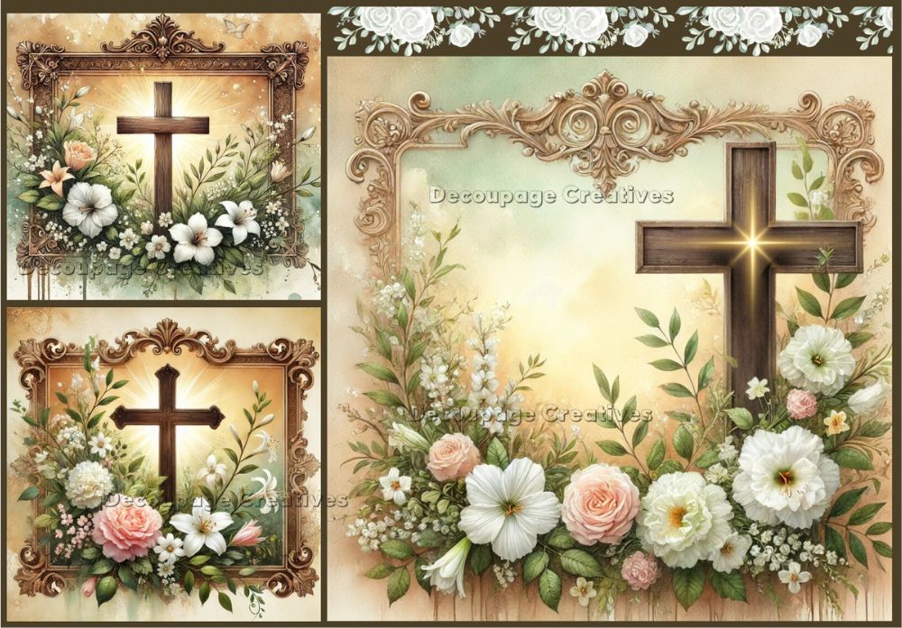 3 framed images of crosses amid pink and white flowers with greenery decoupage rice papers from decoupage creatives