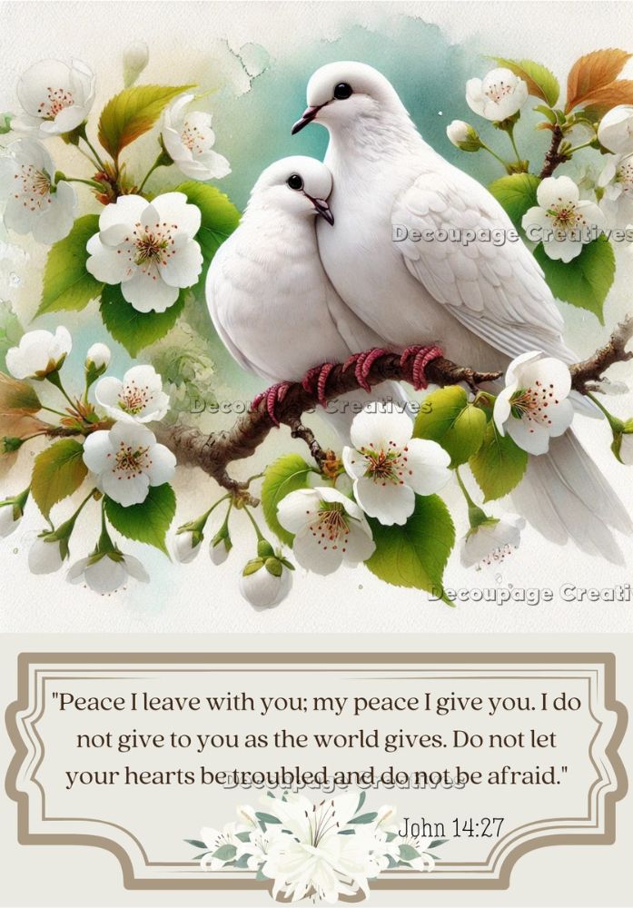 Two white doves on branch of white Dogwood above Bible verse decoupage rice papers from decoupage creatives