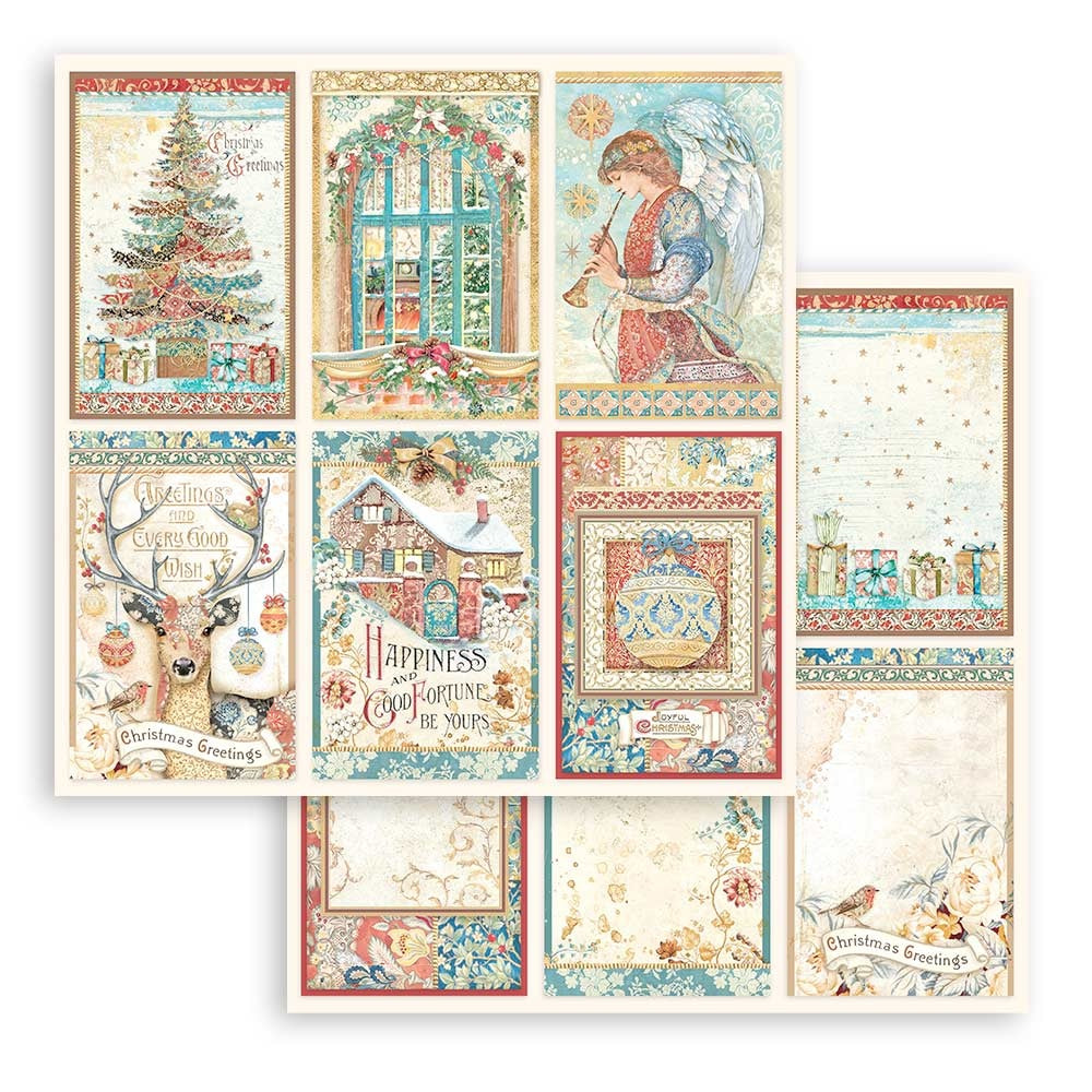 Christmas Greetings Stamperia Scrapbooking Paper Set. These beautiful high quality papers by Stamperia are themed sets with coordinating designs. They are 190g weight