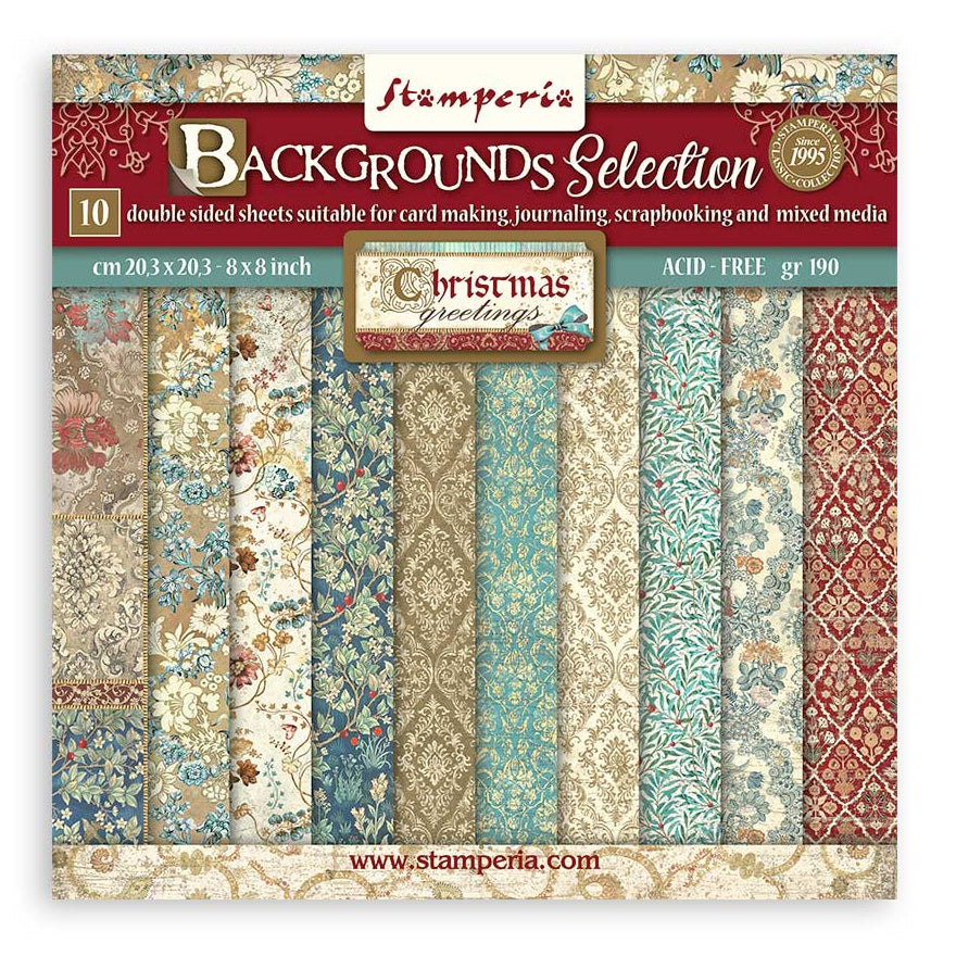 Christmas themed textured designs. Beautiful Christmas Greetings Backgrounds Selection Stamperia Scrapbooking Paper Set.