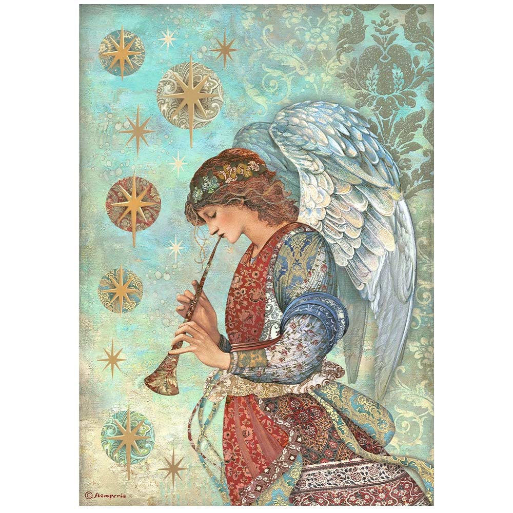 Colorful vintage angel in red and blue blowing horn. Christmas Greetings Angel Stamperia A4 Rice Papers are of Exquisite Quality for Decoupage crafts