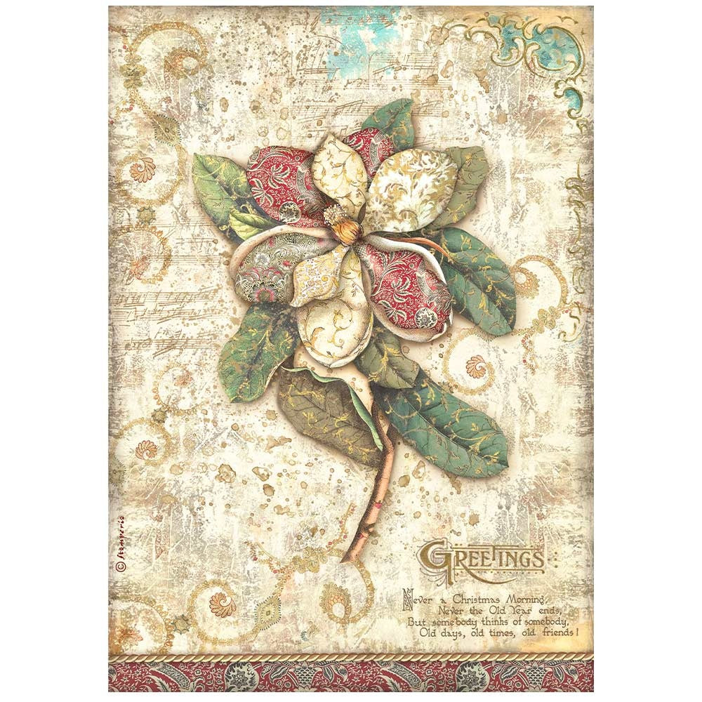 Beautiful Christmas Greetings vintage red and white Flower Stamperia A4 Rice Papers are of Exquisite Quality for Decoupage crafts. Thin yet durable. Imported from Europe. Beautiful colors