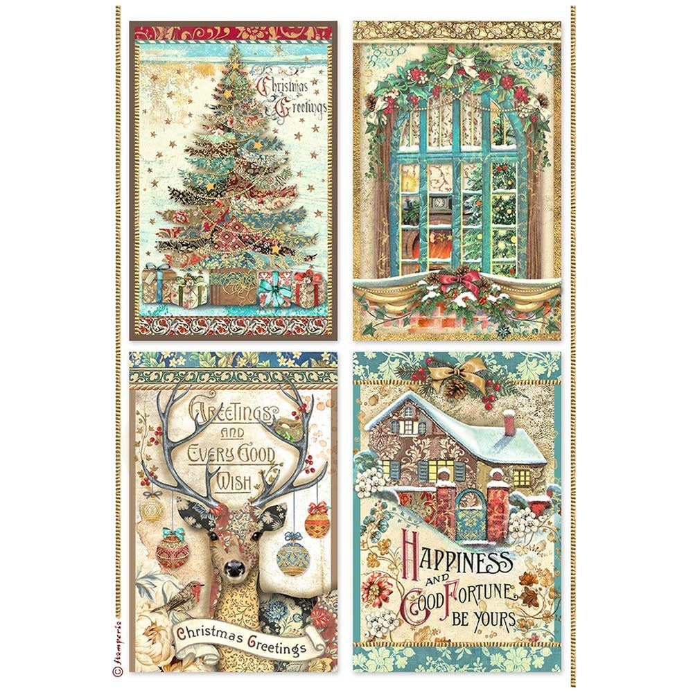 4 Christmas themed scenes, Tree, Deer, home and window. Beautiful Christmas Greetings 4 Cards Stamperia A4 Rice Papers are of Exquisite Quality for Decoupage crafts