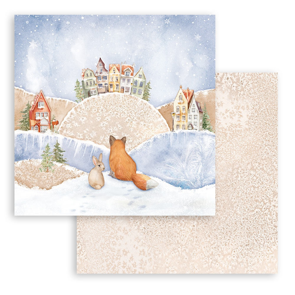 Forest wildlife. Birds, Fox, Deer, Bunnies. Winter Valley Stamperia Scrapbooking 12x12 Paper Set. These beautiful high quality papers by Stamperia are themed sets with coordinating designs.
