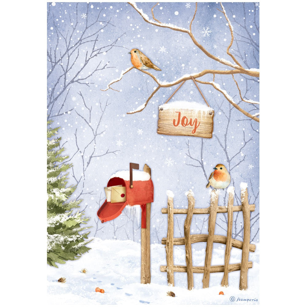 2 Birds in winter snowy scene with red mailbox. Winter Valley Joy Birds Stamperia A4 Rice Papers are of Exquisite Quality for Decoupage crafts