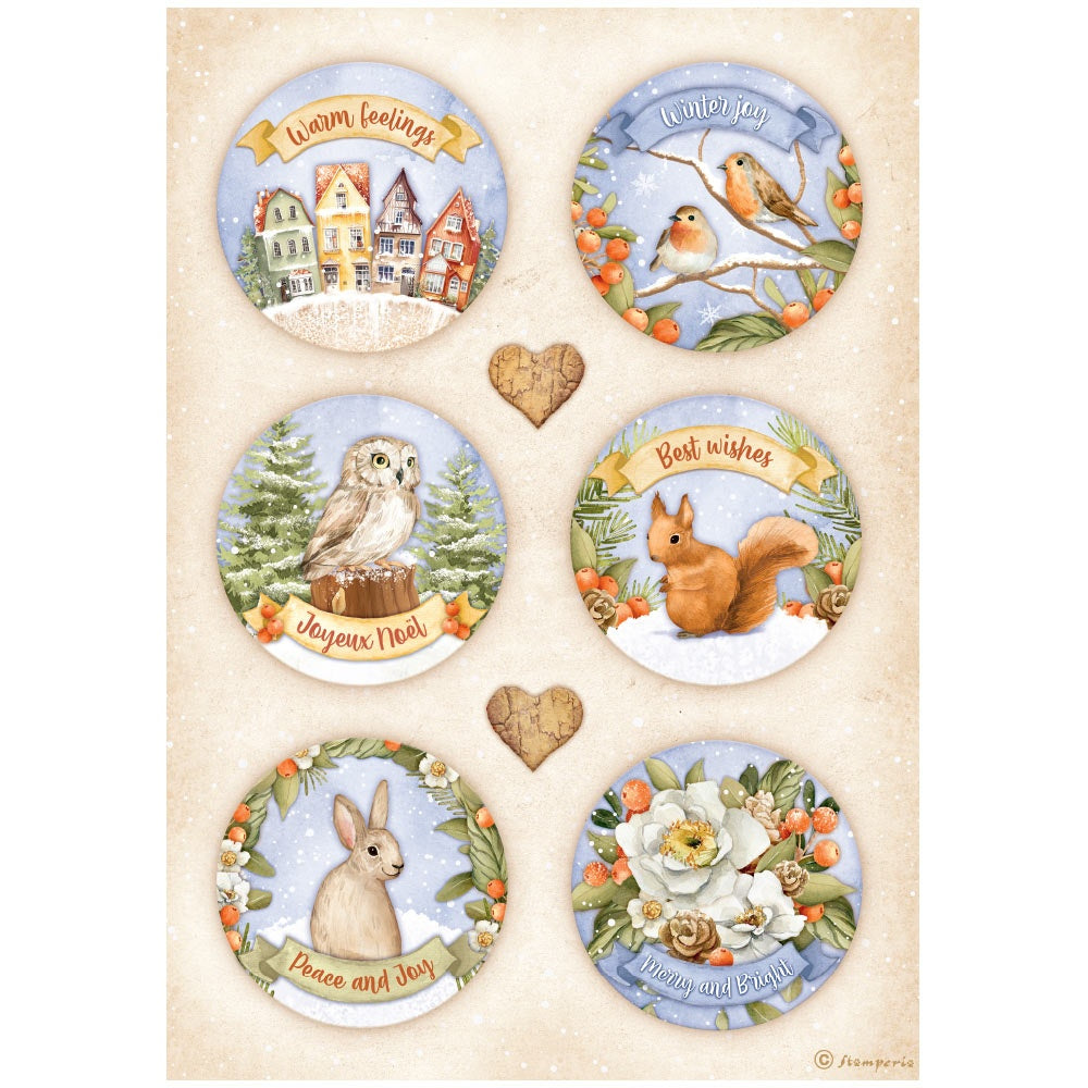 Beautiful Winter Valley Rounds. Birds, Bunny, Owl, Squirrel.  Stamperia A4 Rice Papers are of Exquisite Quality for Decoupage crafts. Thin yet durable. Imported from Europe. Beautiful colors