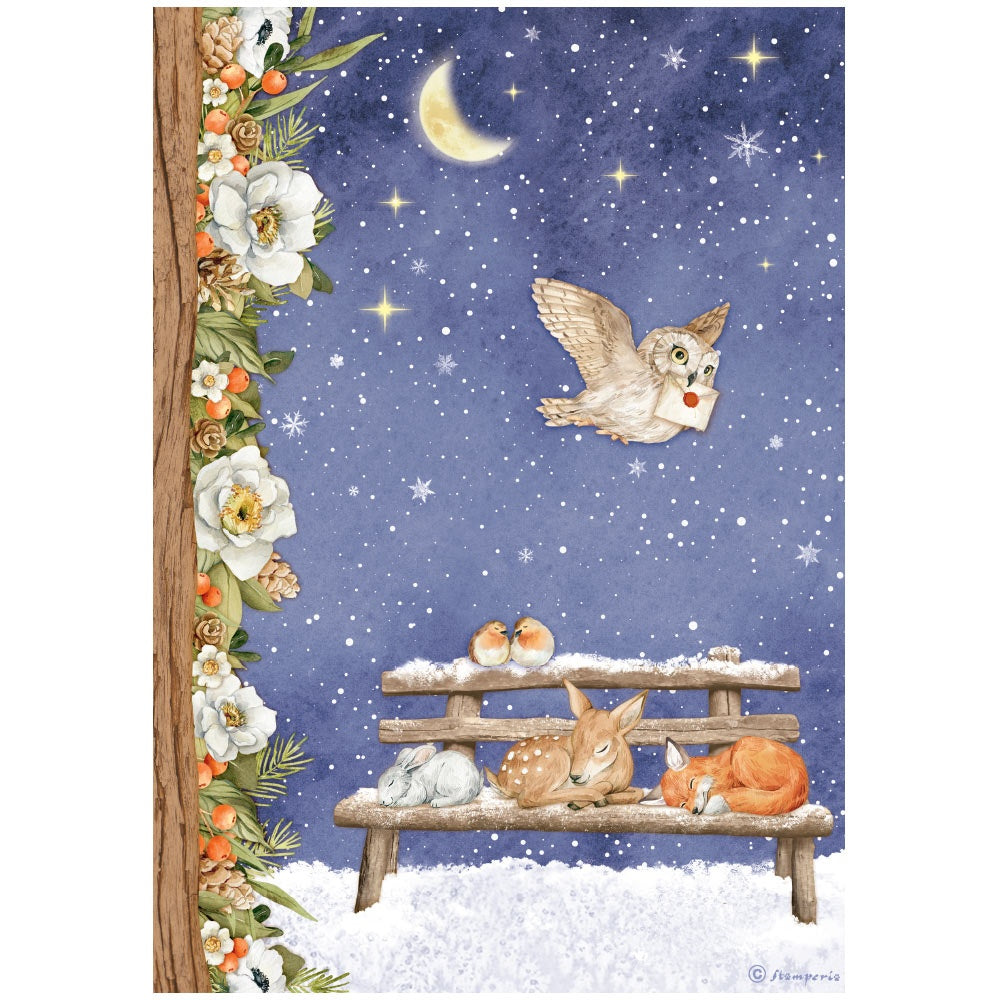 A4 paper with Owl, Deer, Fox and Bunny in winter scene. Sweet Night Stamperia A4 Rice Papers are of Exquisite Quality for Decoupage crafts. Thin yet durable. Imported from Europe. Beautiful colors