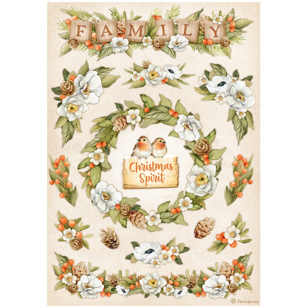 Christmas theme white magnolia garlands with birds. Beautiful Winter Valley Family Garlands Stamperia A4 Rice Papers are of Exquisite Quality for Decoupage crafts. 