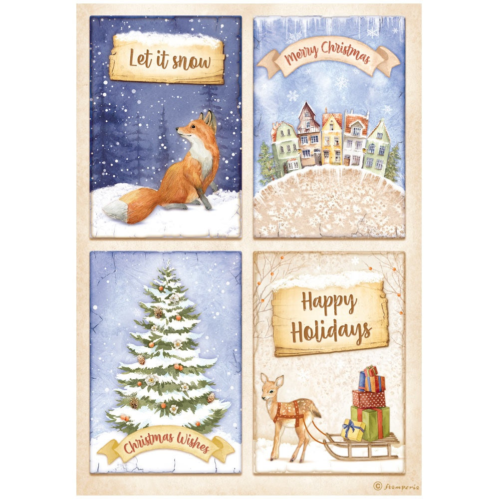 Beautiful Winter Village 4 Cards with Fox, Tree, Deer, Sled. Christmas theme.Stamperia A4 Rice Papers are of Exquisite Quality for Decoupage crafts. Thin yet durable. Imported from Europe. Beautiful colors
