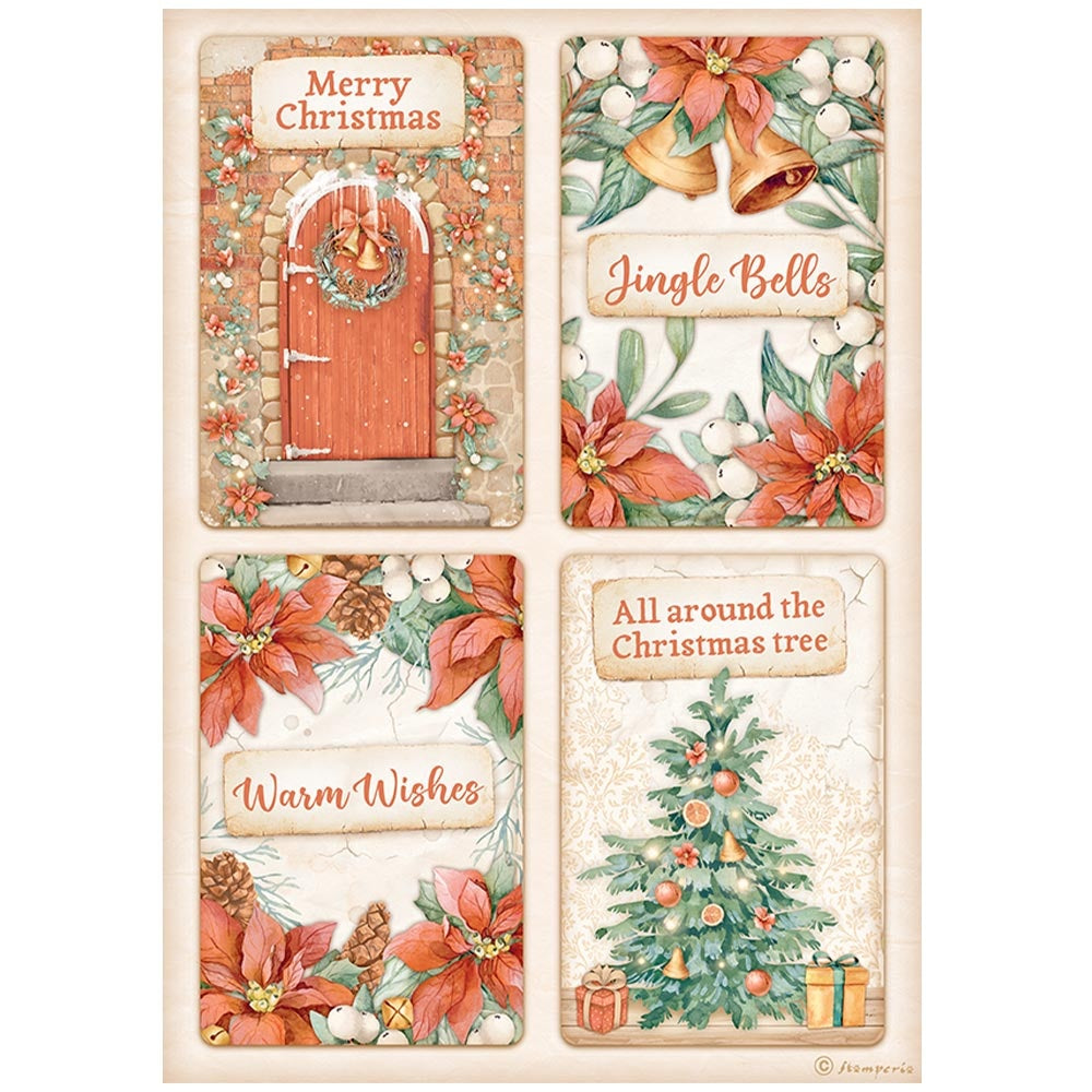 All Around Christmas 4 Cards. 4 scenes with door, bells, wreath and tree. Beautiful red and green A4 Decoupage paper by Stamperia.