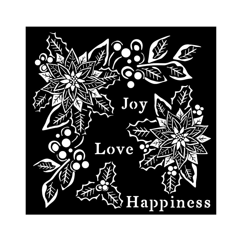 Decorative stencil with floral elements and text 'Joy Love Happiness' on a black background