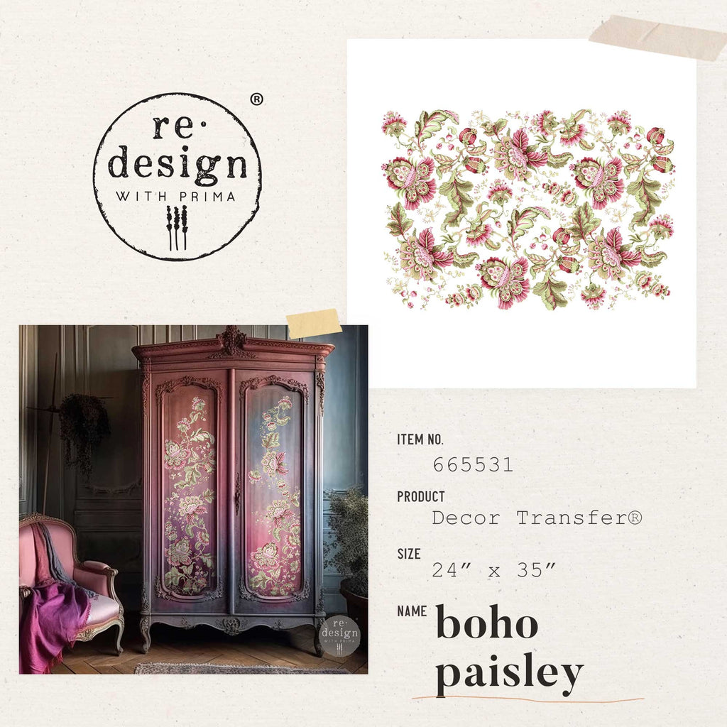 Pink and green paisley design Boho Paisley. ReDesign with Prima Decor Transfers® are easy to use rub-on transfers for Furniture and Mixed Media uses.