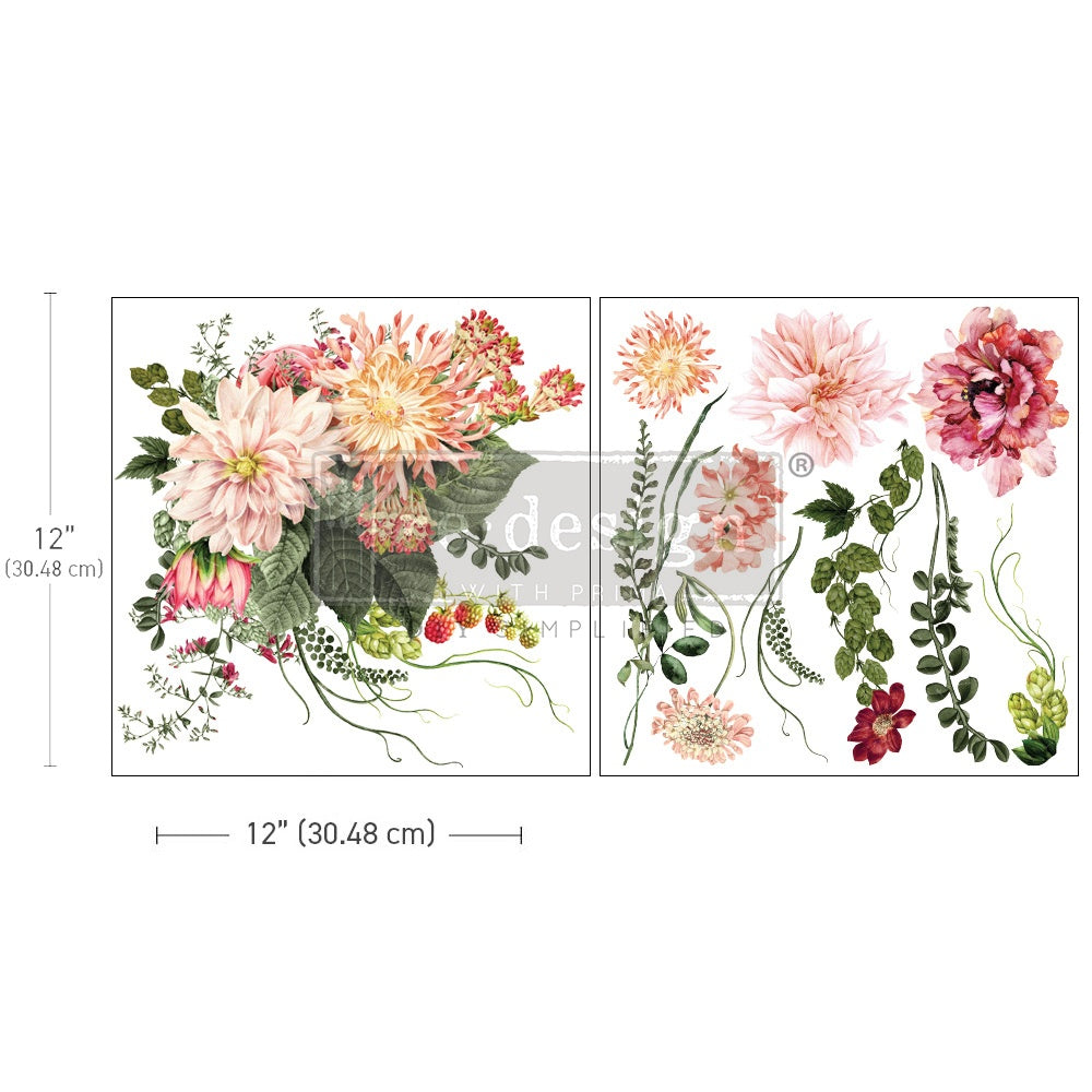 Pink and green leafy floral patten. ReDesign with Prima 12x12 Magnolia My Favorite Dahlia Transfers® are easy to use rub-on transfers for Furniture