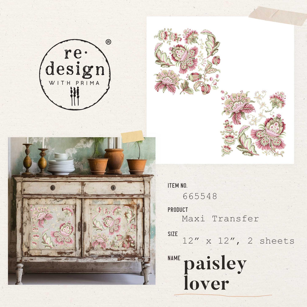 Pink and green paisley print. ReDesign with Prima 12x12 Paisley Lover-2 Transfers® are easy to use rub-on transfers for Furniture