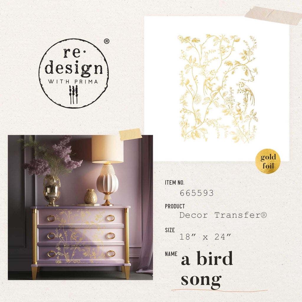All gold flowers and birds. Gold Foil Kacha - A Bird Song 24"x35" ReDesign Prima Decor Transfers® are easy to use rub-on transfers for Furniture