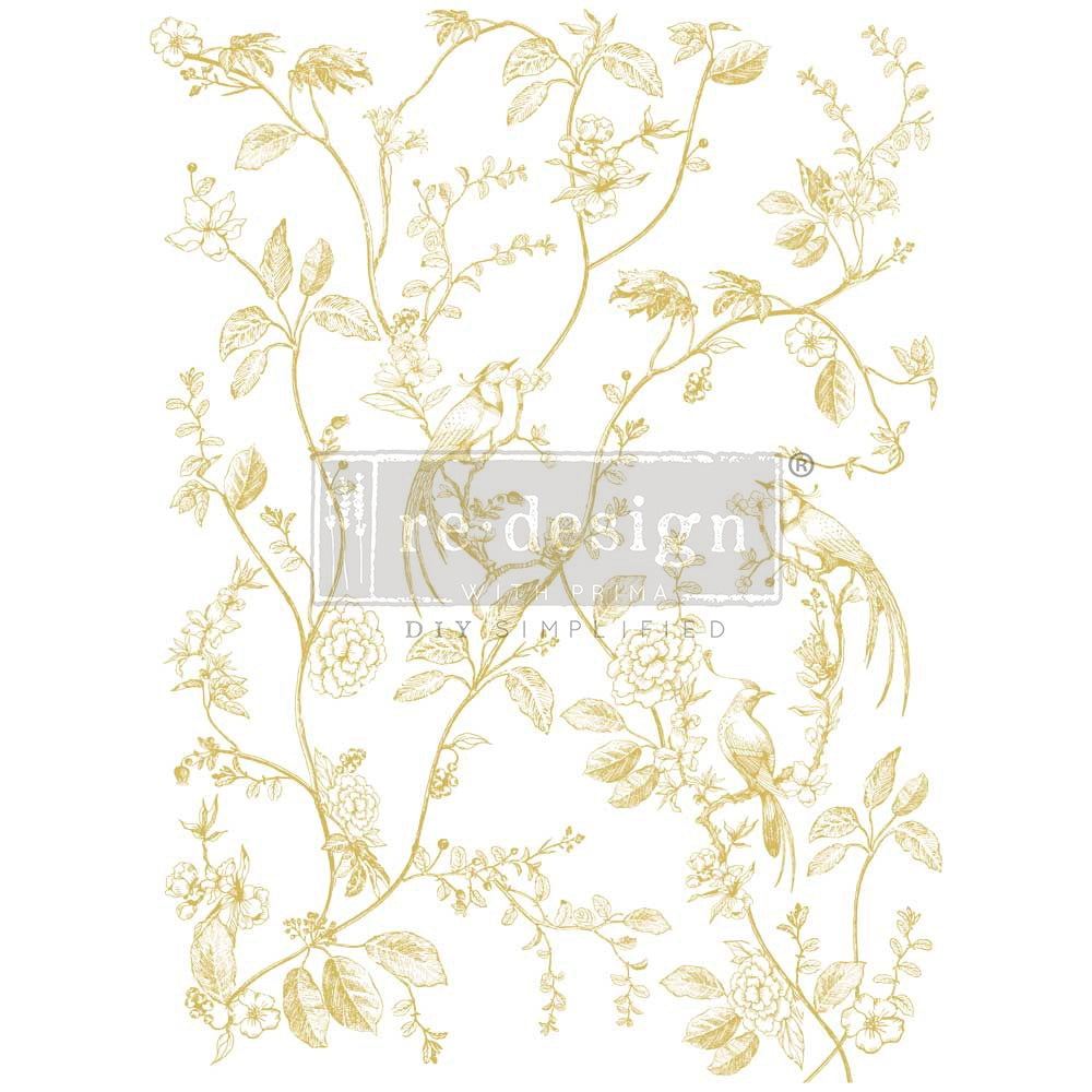 All gold flowers and birds. Gold Foil Kacha - A Bird Song 24"x35" ReDesign Prima Decor Transfers® are easy to use rub-on transfers for Furniture