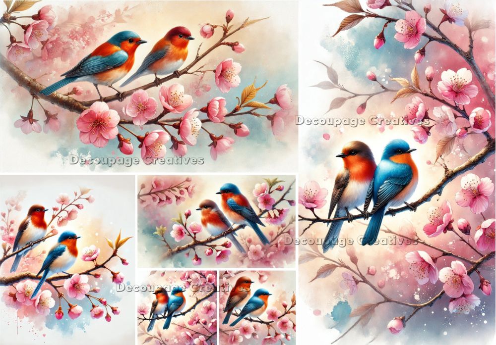 Multi-scenes of pair of blue and brown birds perched on branch of pink cherry blossoms decoupage rice papers from decoupage creatives