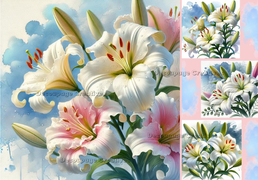 4 scenes of white and pink lilies on blue and pink background decoupage rice papers from decoupage creatives