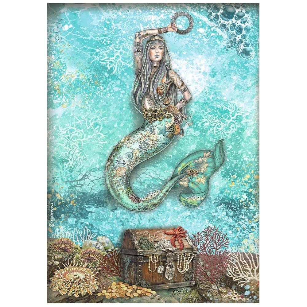 Mermaid in water with treasure chest. Teal and brown colors. Stamperia high-quality European Decoupage Paper.