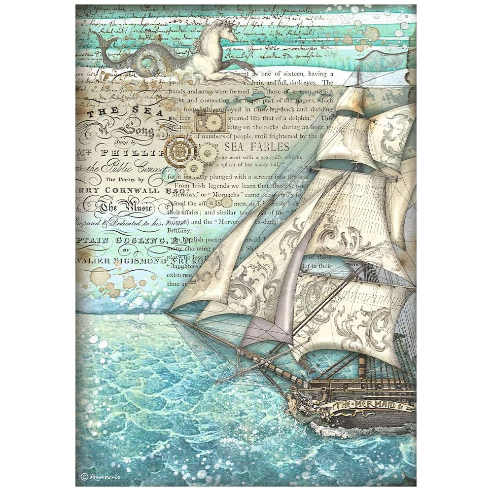 Windjammer sailing ship on sea with vintage script. Brown and teal colors. Stamperia high-quality European Decoupage Paper.