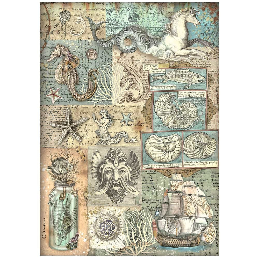 Tan and turquoise Vintage nautical theme with ships, shells, seahorses. Stamperia high-quality European Decoupage Paper.