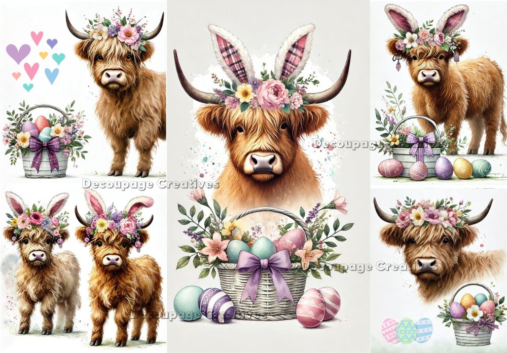 Brown highland cows with flower crowns and bunny ears along side Easter baskets of eggs and flowers decoupage rice papers from decoupage creatives