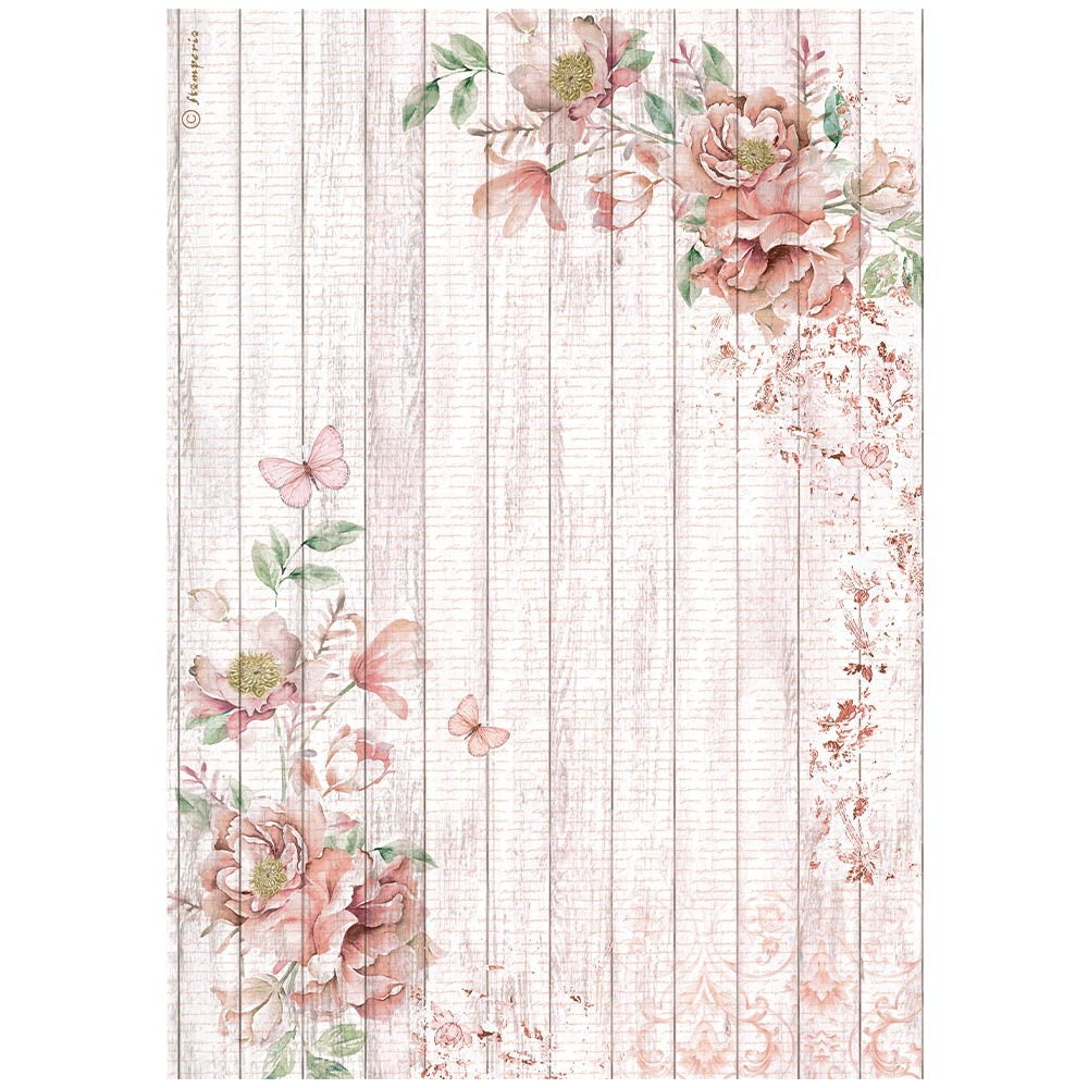 Pale pink wood background with pink florals and butterfly. Stamperia high-quality European Decoupage Paper.