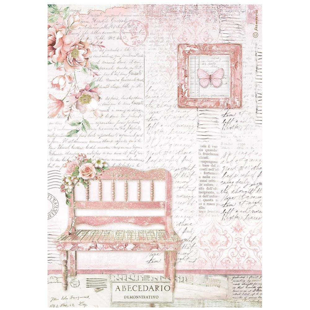 Pink bench with script and pink florals. Stamperia high-quality European Decoupage Paper.