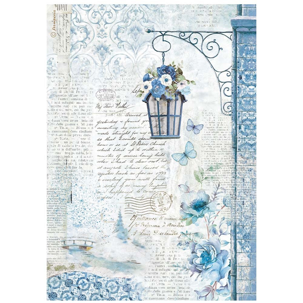 Lamp post with blue florals and butterflies with script. Stamperia high-quality European Decoupage Paper.