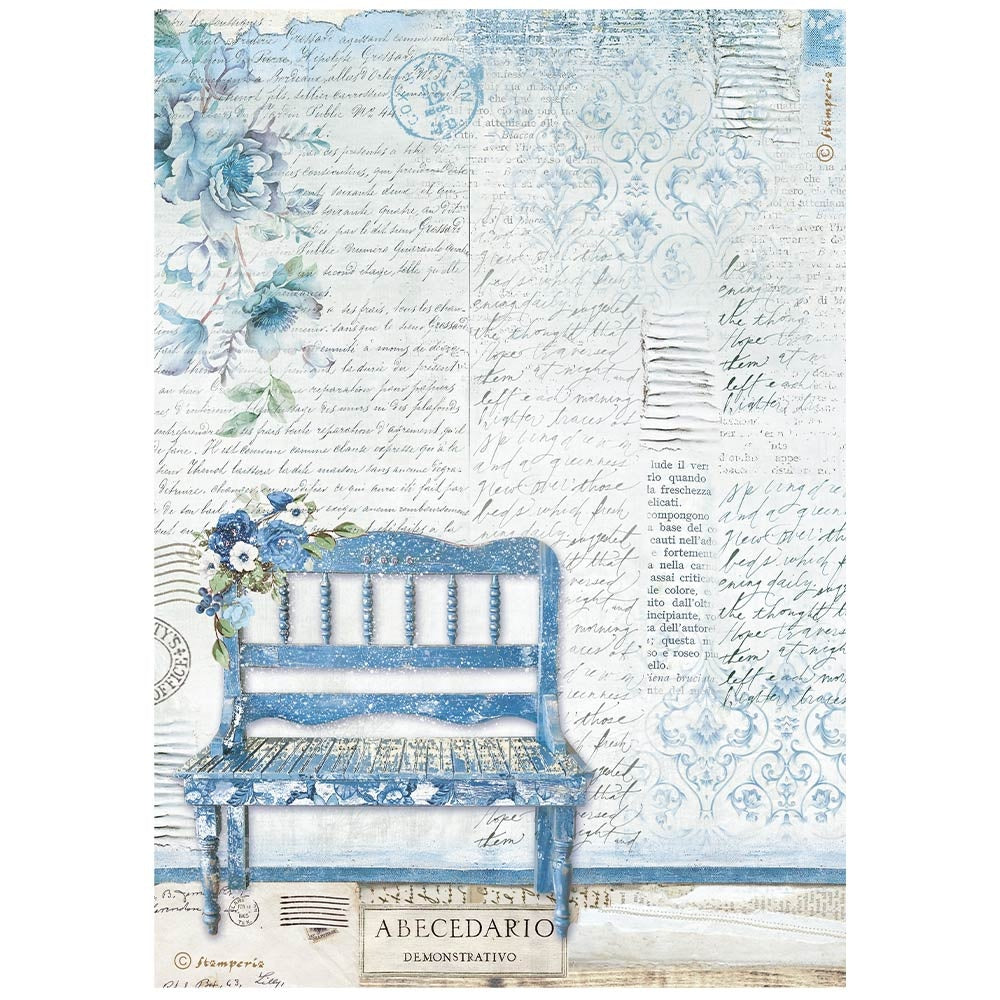Blue bench with blue florals and script. Stamperia high-quality European Decoupage Paper.