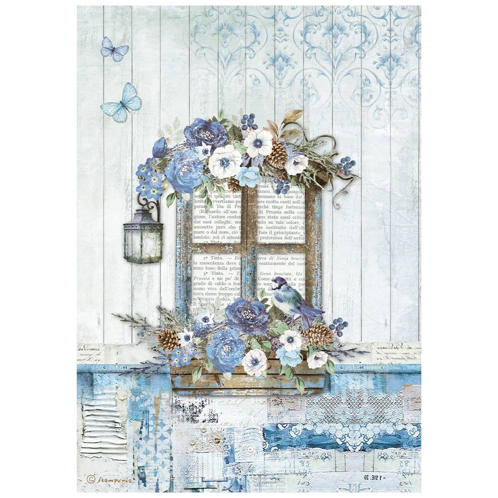 Blue and white florals with birds and butterflies. Stamperia high-quality European Decoupage Paper.