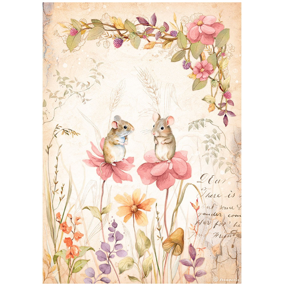 Two mice on wildflowers of pink, lavender and peach. Stamperia high-quality European Decoupage Paper.