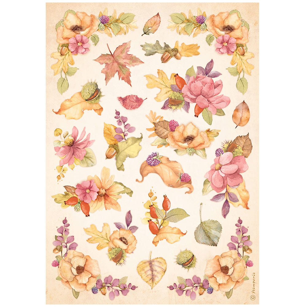 Fall colors of peach, orange and pink leaves and flowers. Stamperia high-quality European Decoupage Paper.