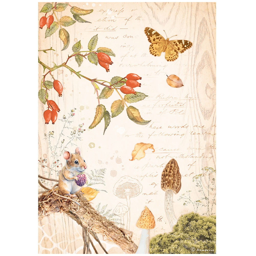Woodland mouse in tree and butterfly with mushrooms. Stamperia high-quality European Decoupage Paper.