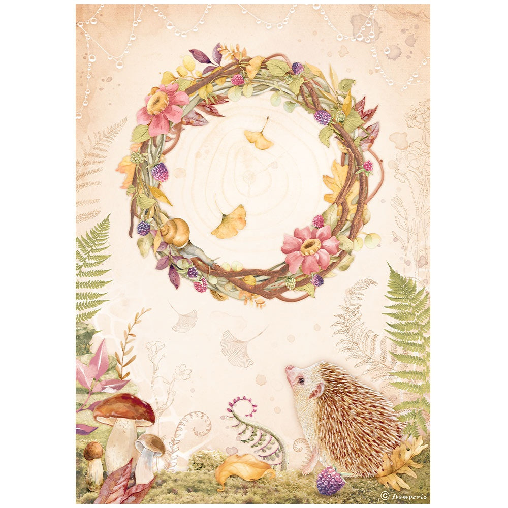 Wreath with pink florals and hedgehog. Stamperia high-quality European Decoupage Paper.