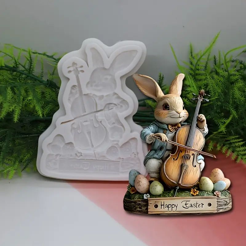 Silicone Craft Accent Mold. Bunny playing cello with Easter eggs