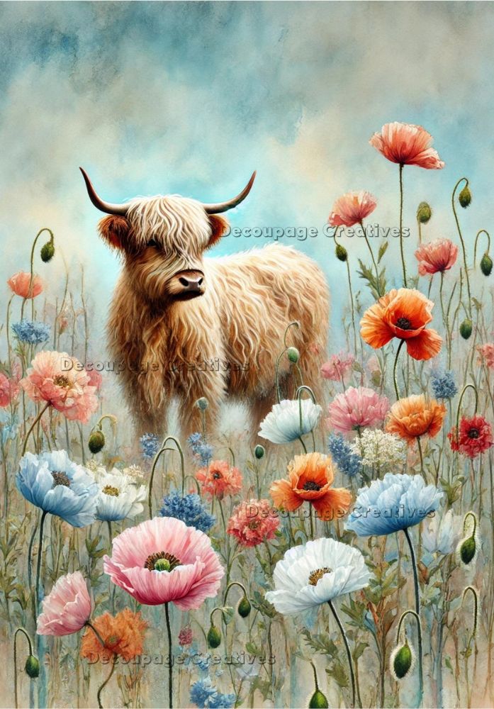 brown highland cow standing in field of blue orange and pink flowers on blue background decoupage rice papers from decoupage creatives