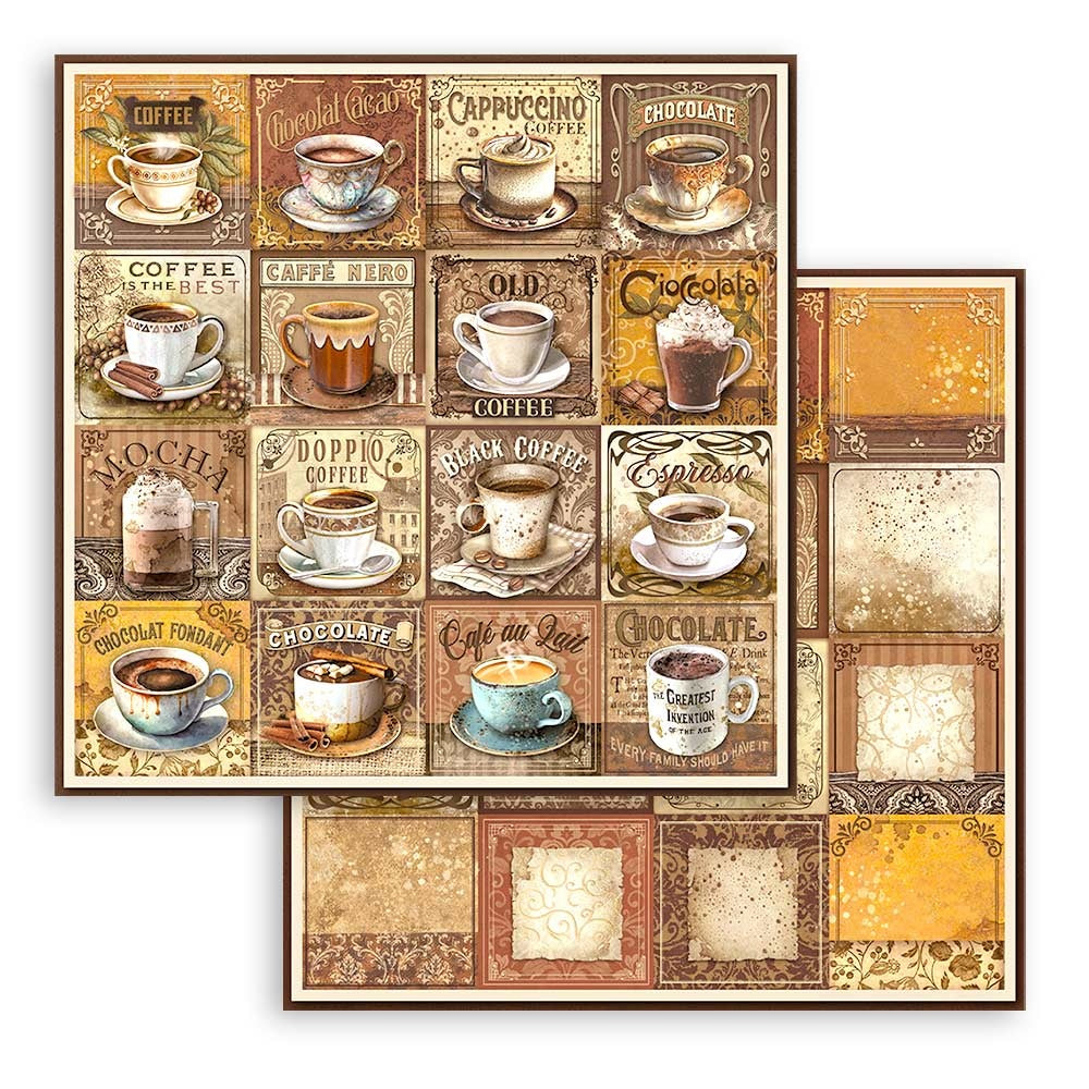 Coffee And Chocolate Stamperia Scrapbooking 12x12 Paper Set. These beautiful high quality papers by Stamperia are themed sets with coordinating designs.