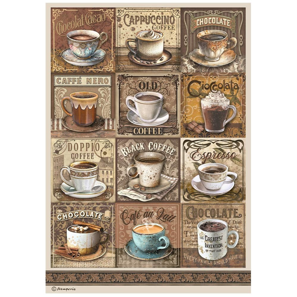 12 Vintage coffee cups with script. Stamperia high-quality European Decoupage Paper.