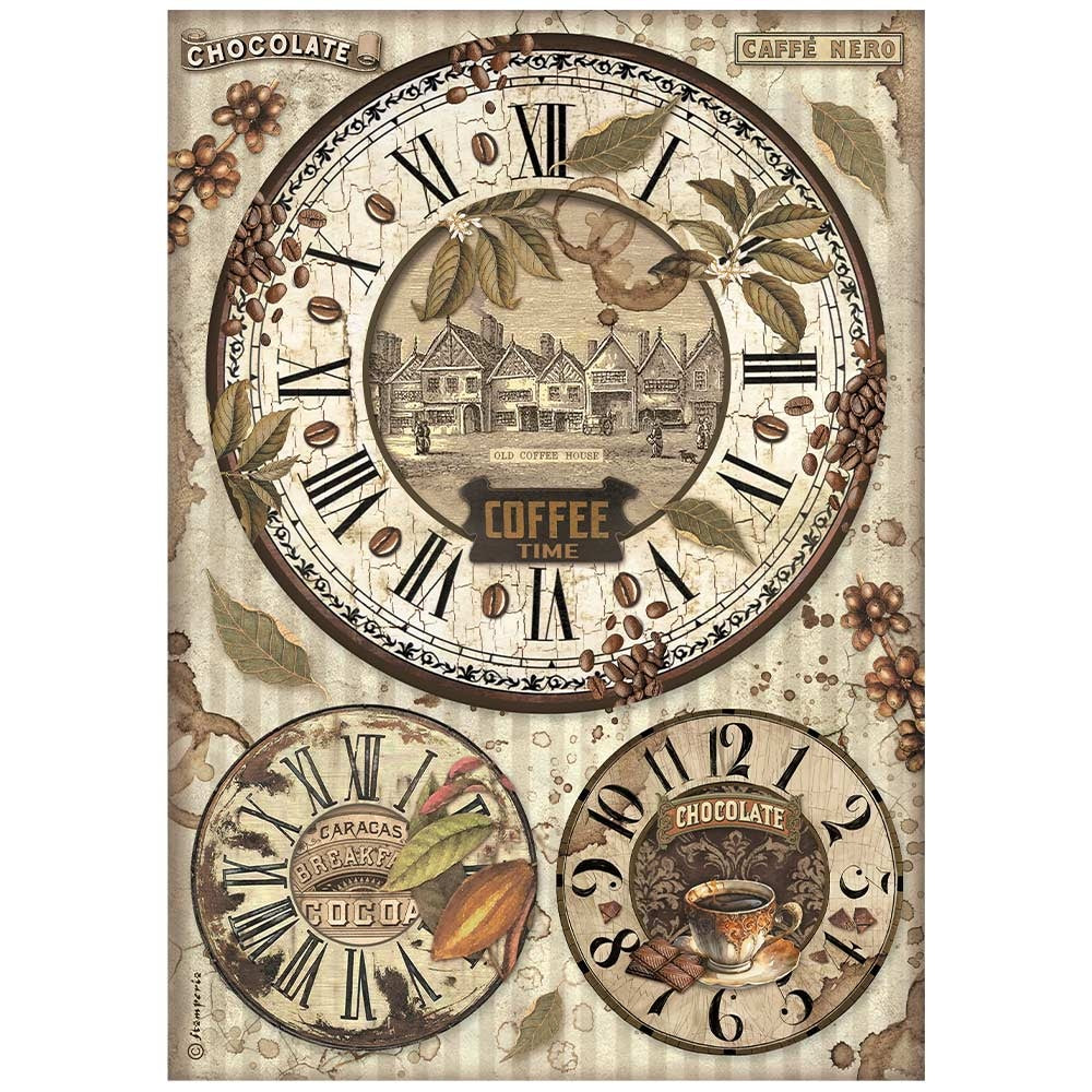 Vintage coffee cups and clocks with script. Stamperia high-quality European Decoupage Paper.