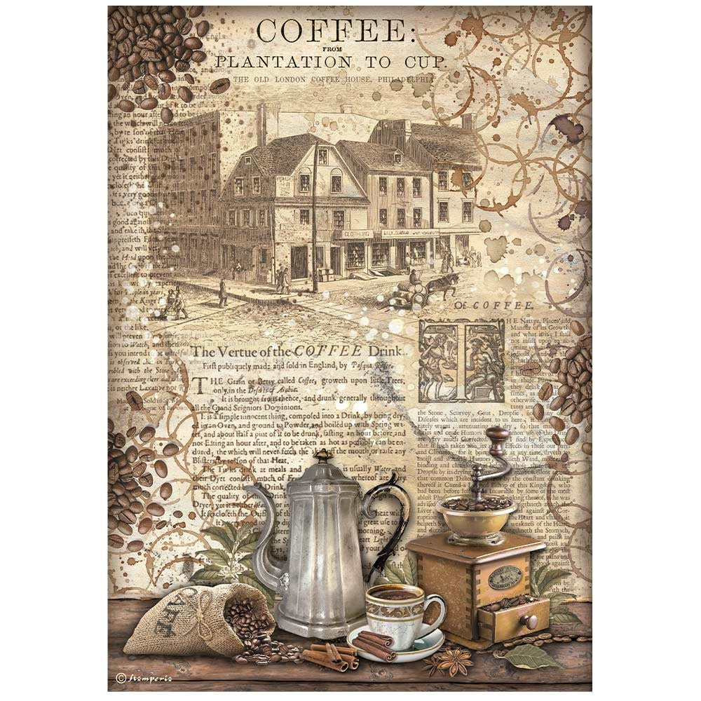 Vintage coffee cups and grinder with script. Stamperia high-quality European Decoupage Paper.