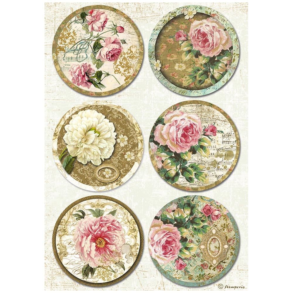 Six round circles with pink and white vintage florals. Stamperia high-quality European Decoupage Paper