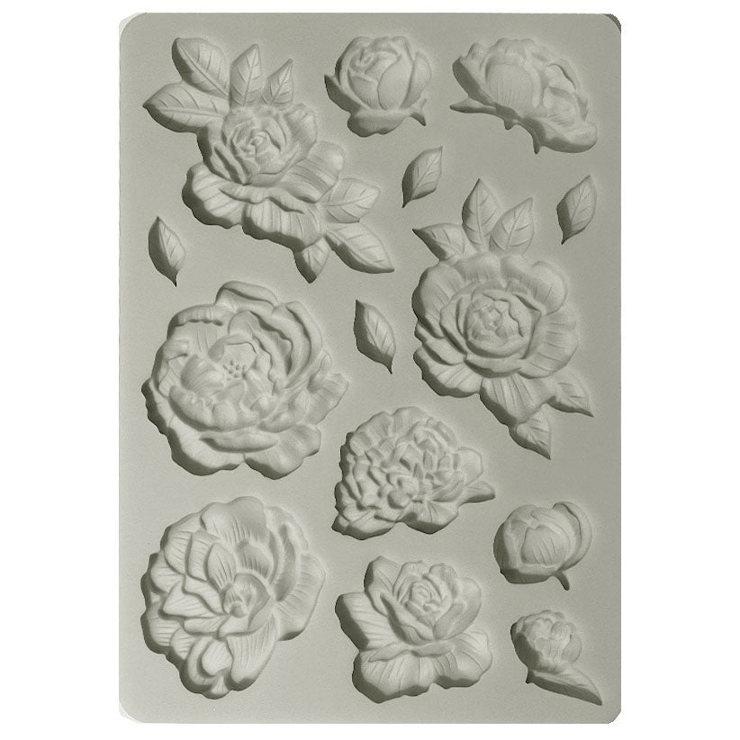 Ten Peony flowers and leaves pattern in 7x11 grey silicone mold.